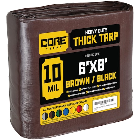 Core Tarps Heavy Duty Tarp, 8 ft L x 0.5 mm H x 6 ft W, 10 Mil, Brown/Black, Polyethylene CT-602-6X8